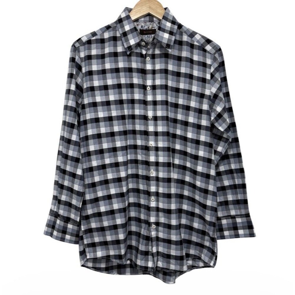 SAND Copenhagen Men Plaid Dress Shirt Floral Contrast Cuff Size 40 Medium